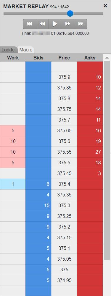 screenshot of ladder replay in trade surveillance software platform models for futures, options, fixed income, FX and equities trading